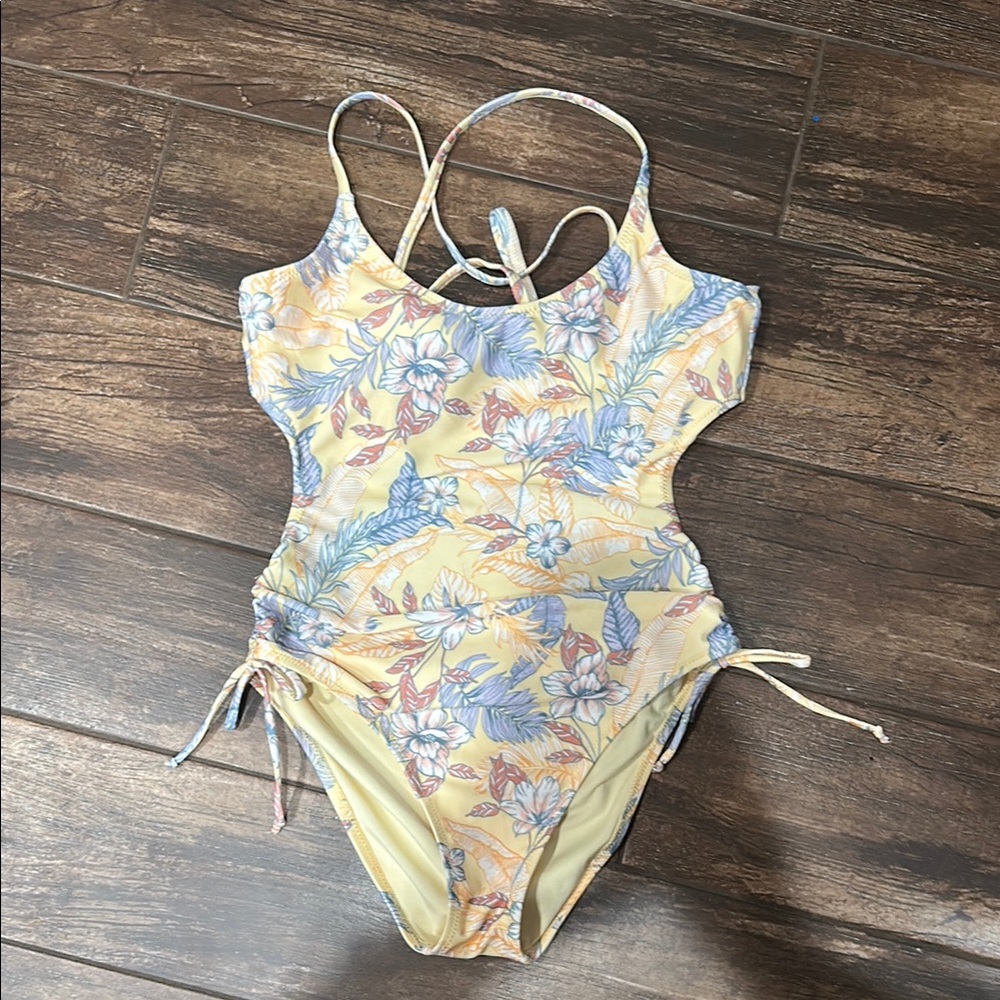 Aeropostale Yellow and Blue One Piece Swimsuit with Adjustable Straps